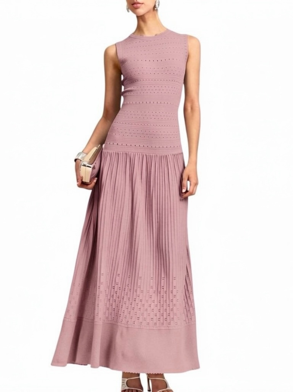 Commense Dusty Pink Pleated Pointelle Knit Maxi Dress Sleeveless NWT Medium